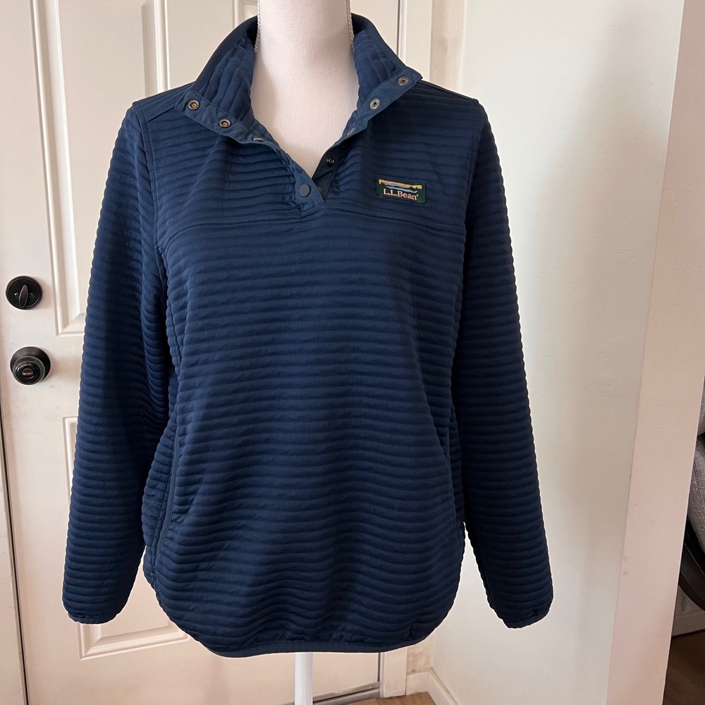 LL Bean Womens Navy Blue Quilted Pullover Snap Mock Neck Sweatshirt M Pet 506835